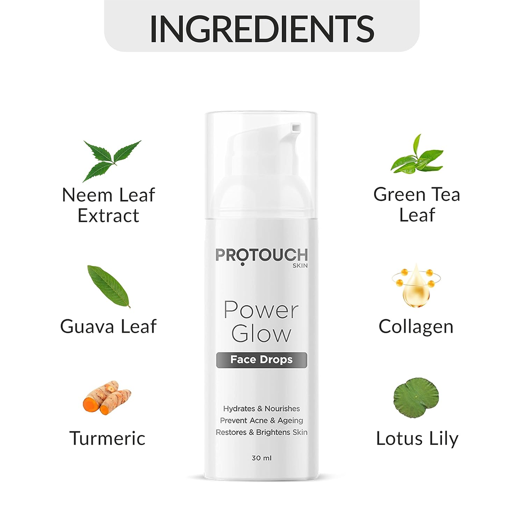 Protouch Power Glow Face Drops 30ml serum ingredients neem, green tea, guava leaf, collagen, turmeric, lotus lily