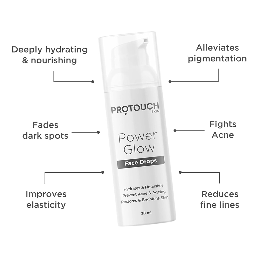 Protouch Power Glow Face Drops 30ml serum key benefits hydrating, dark spots, acne, elasticity, fine lines