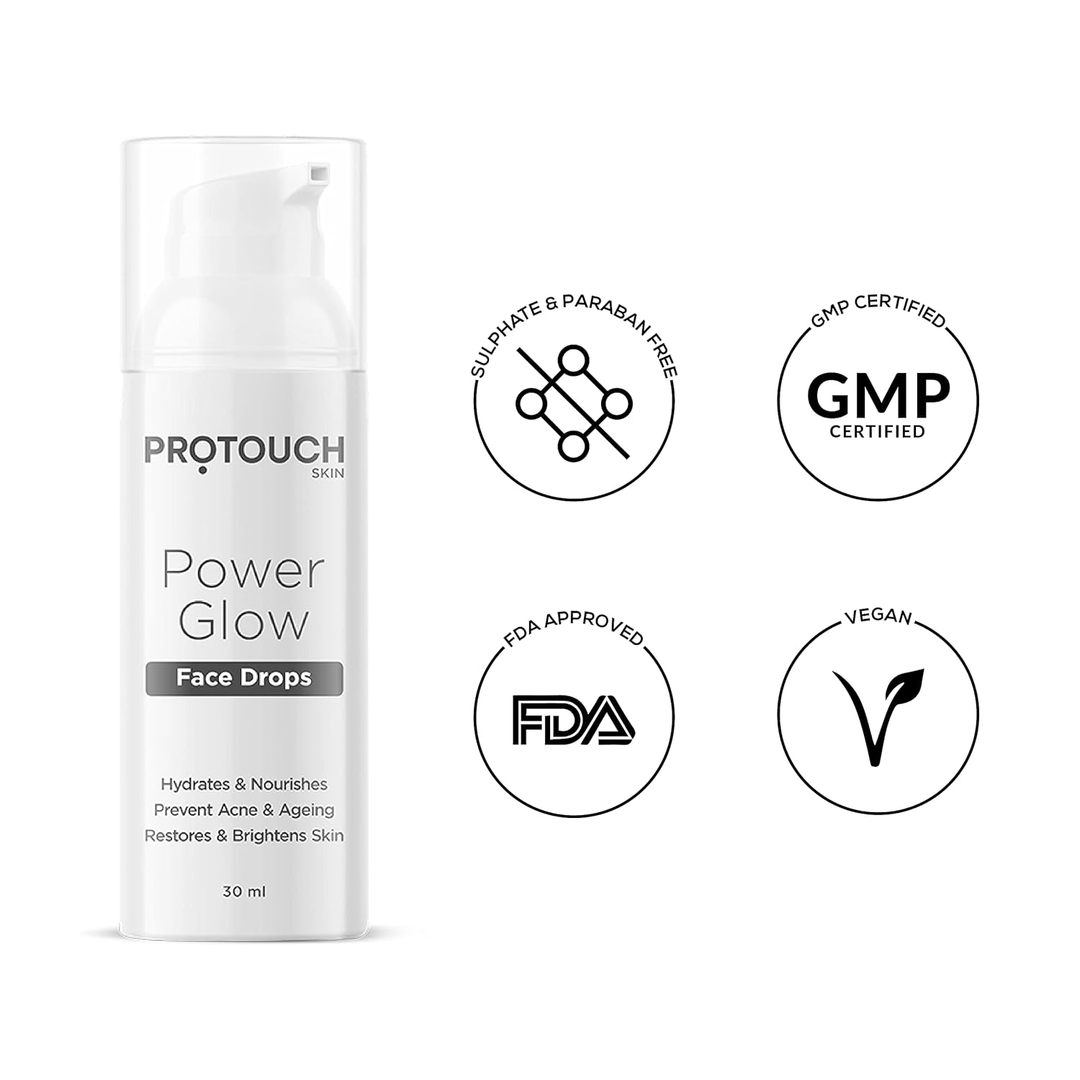 Protouch Power Glow Face Drops 30ml serum sulphate and paraben free, GMP certified, vegan badges