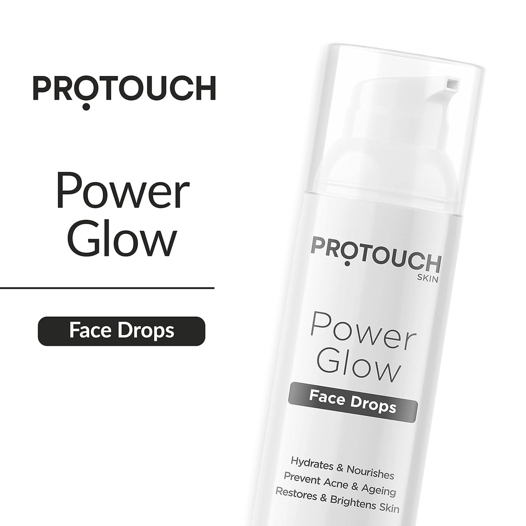 Protouch Power Glow Face Drops pump bottle front label, hydrates and brightens skin