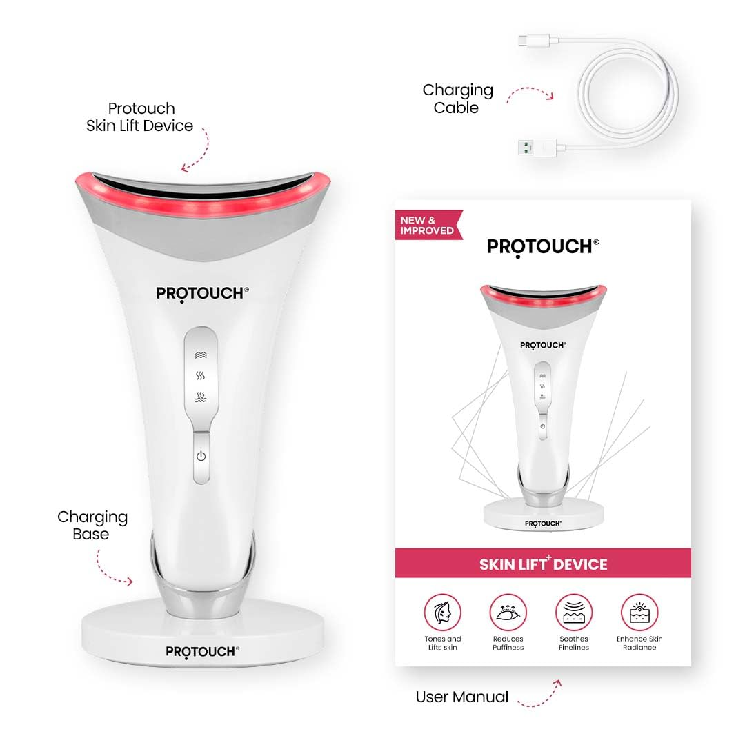 Protouch Skin Lift Device Plus set contents, charging base, USB charging cable, user manual