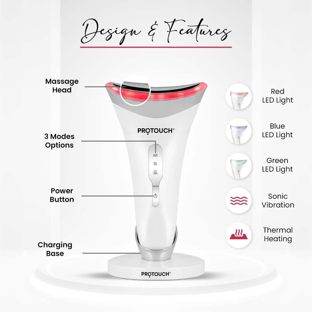 Protouch Skin Lift Device Plus design and features, massage head, 3 modes, red blue green LED light