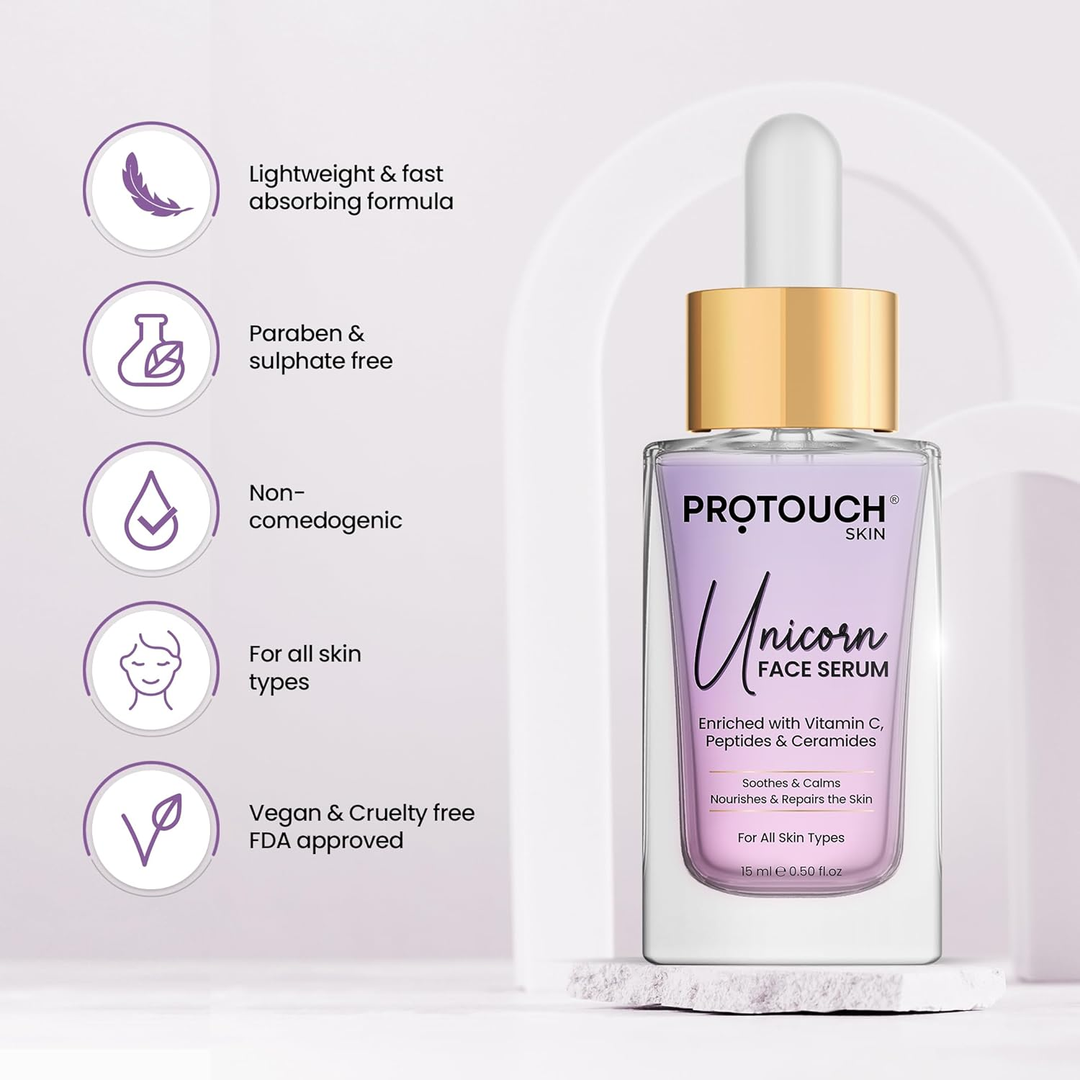 Protouch Unicorn Face Serum 15ml features: vegan, paraben and sulphate free, non-comedogenic