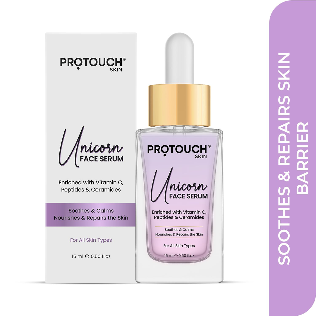 Protouch Unicorn Face Serum 15ml bottle and box front, soothes and repairs skin barrier