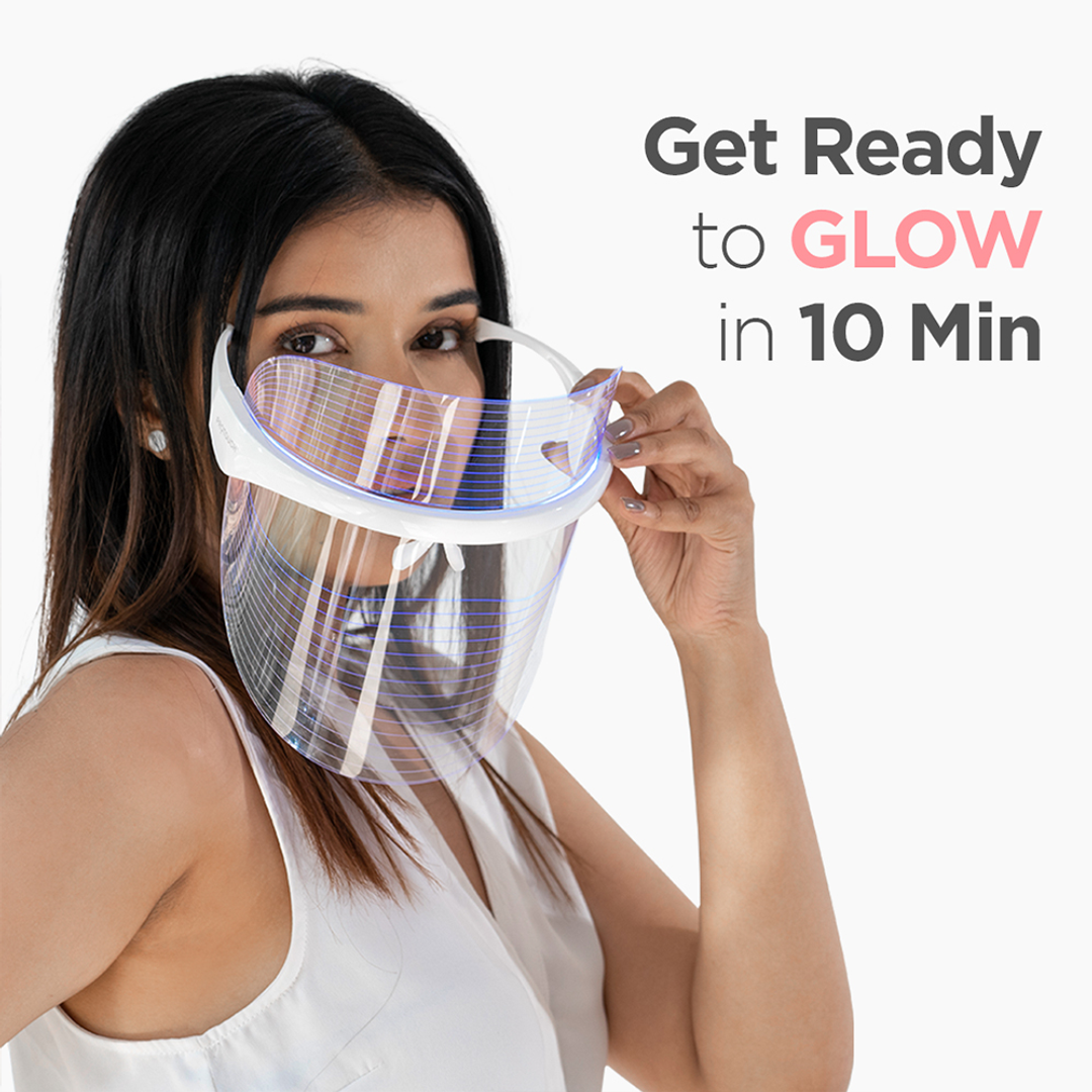 Protouch 3 in 1 LED Face Mask worn on face, 10 minute session