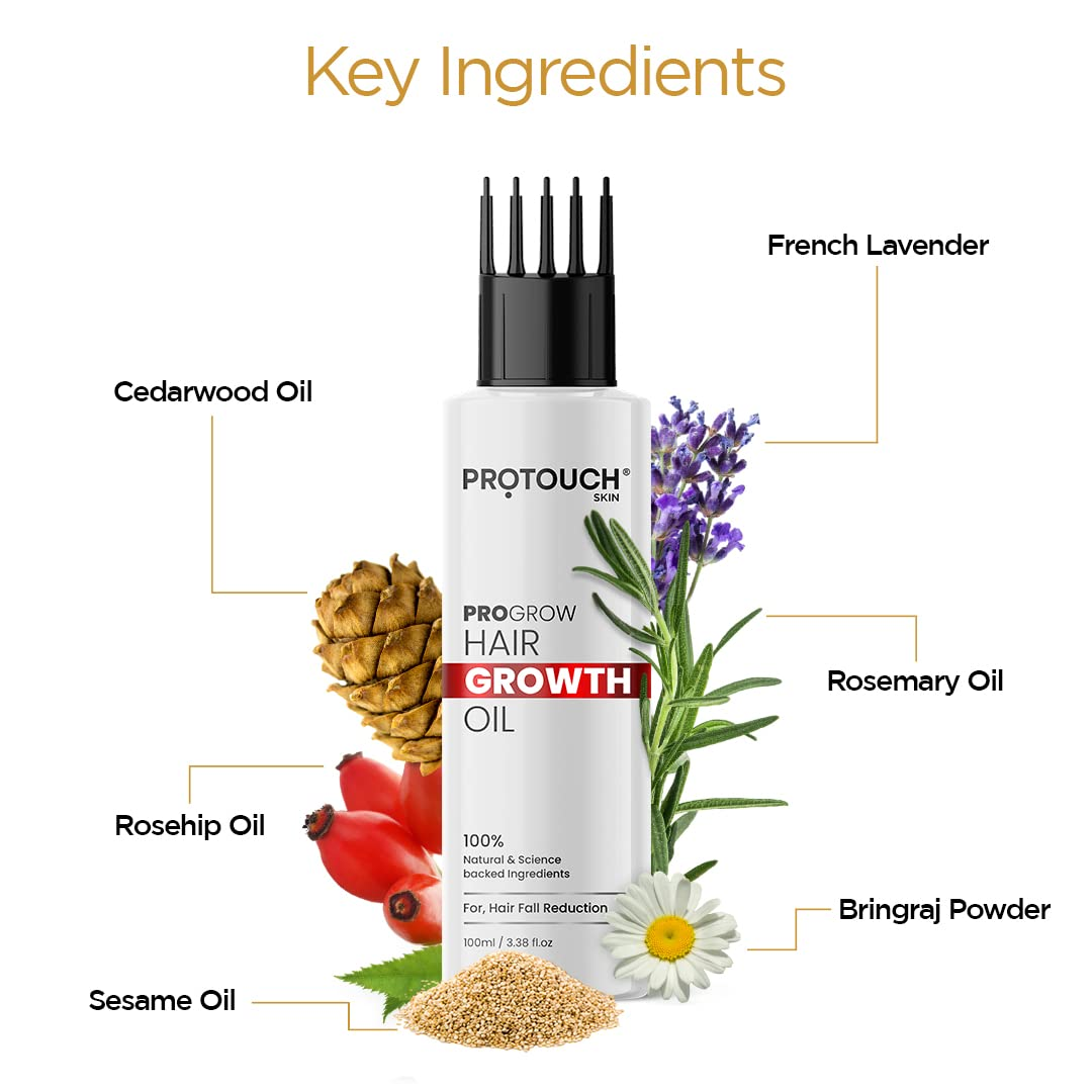Protouch PROGROW Hair Growth Oil key ingredients: cedarwood, rosehip, sesame, rosemary, lavender, bringraj
