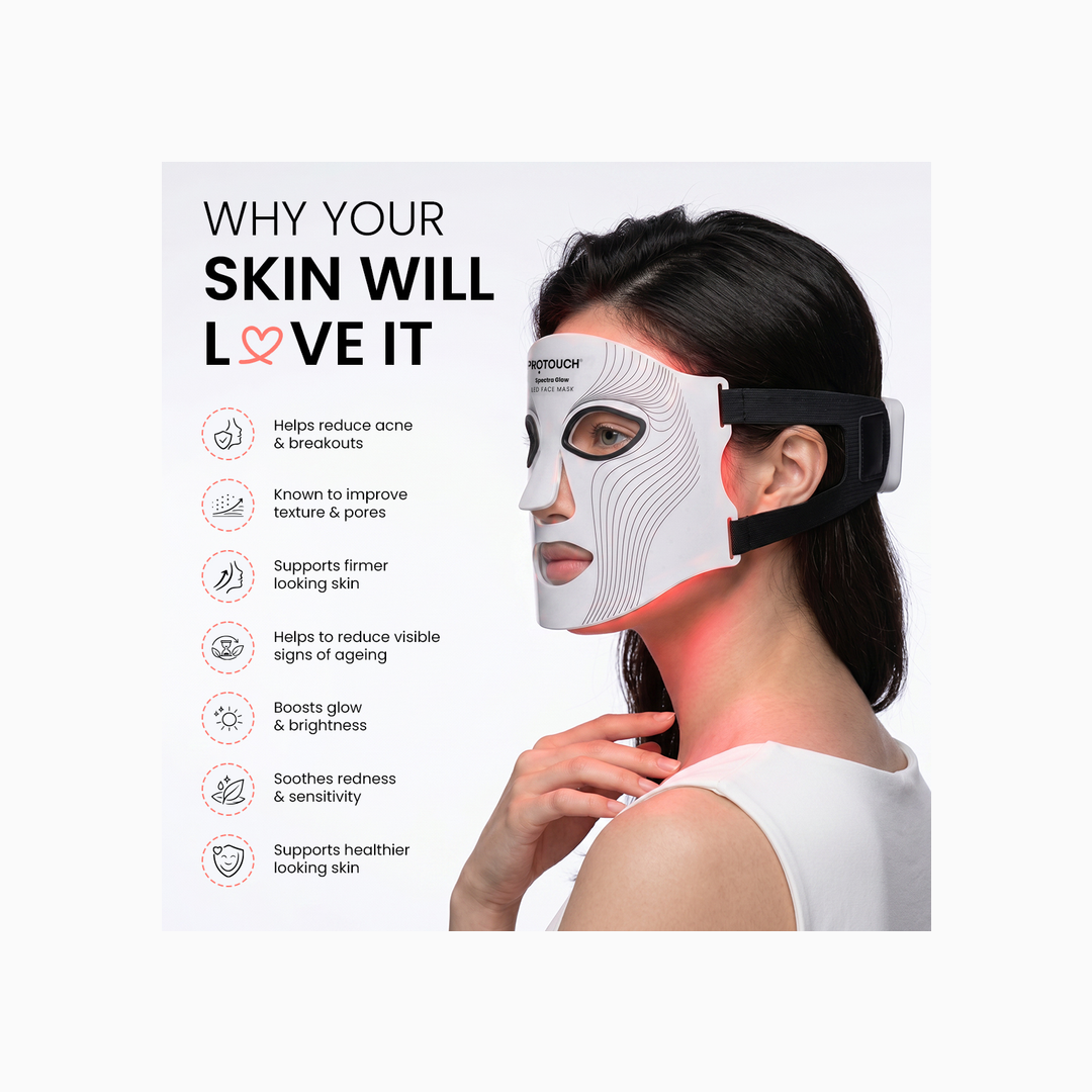 Protouch Spectra Glow LED Face Mask benefits for acne, pores, firmness and glow