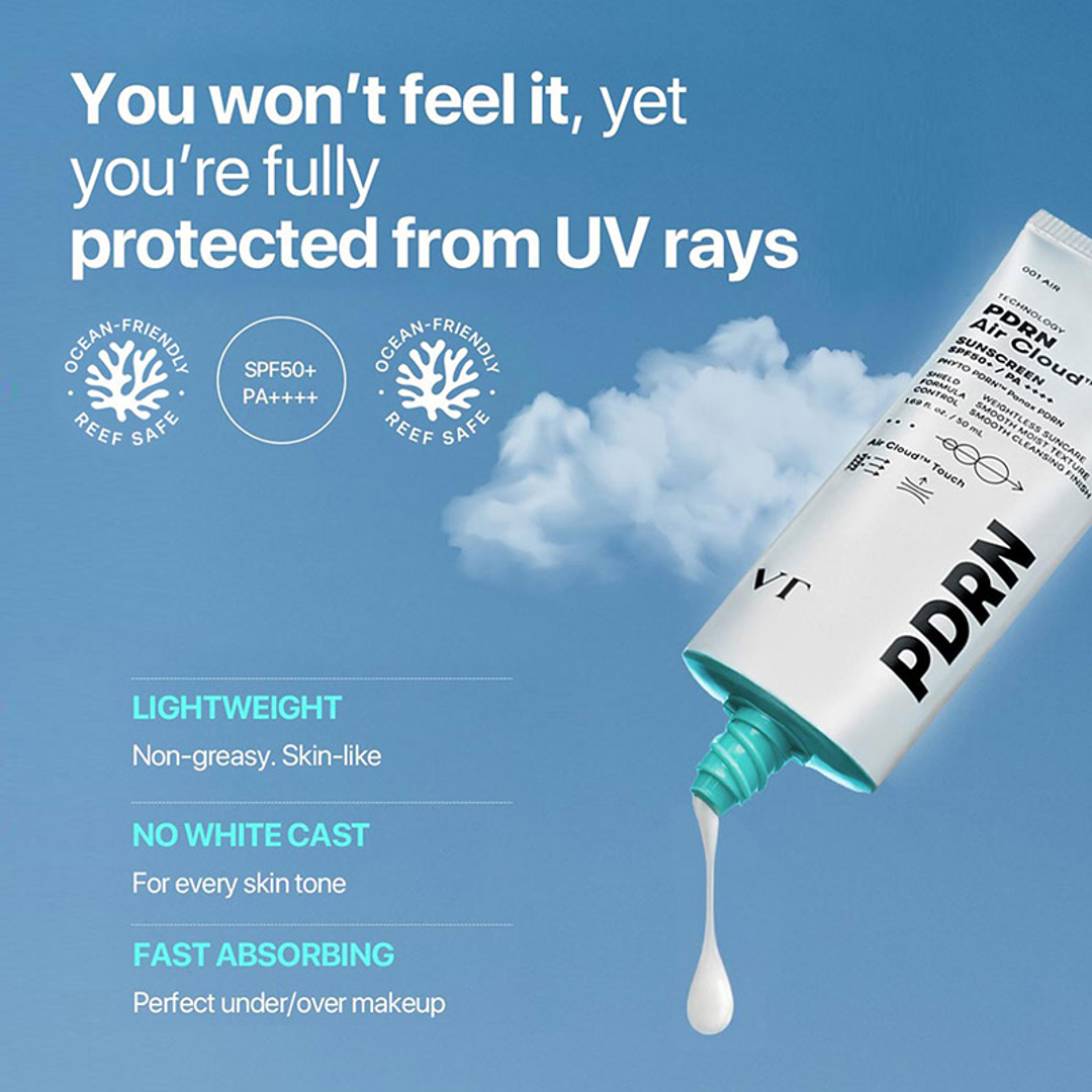 VT PDRN Air Cloud Sunscreen SPF50+ PA++++ lightweight, no white cast, reef safe, fast absorbing