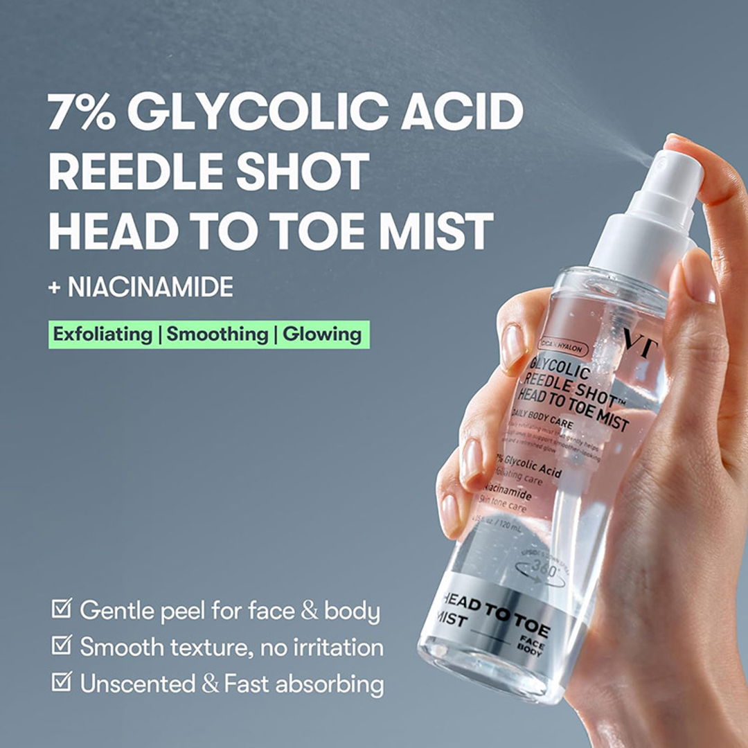 VT 7% Glycolic Acid Reedle Shot Head to Toe Mist with Niacinamide, exfoliating, smoothing, glowing benefits