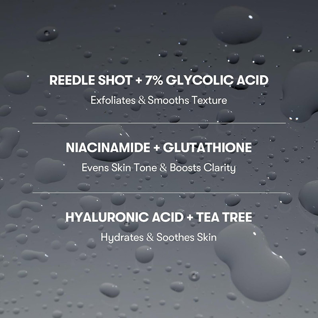 VT 7% Glycolic Acid Reedle Shot Head to Toe Mist key ingredients: niacinamide, glutathione, hyaluronic acid, tea tree