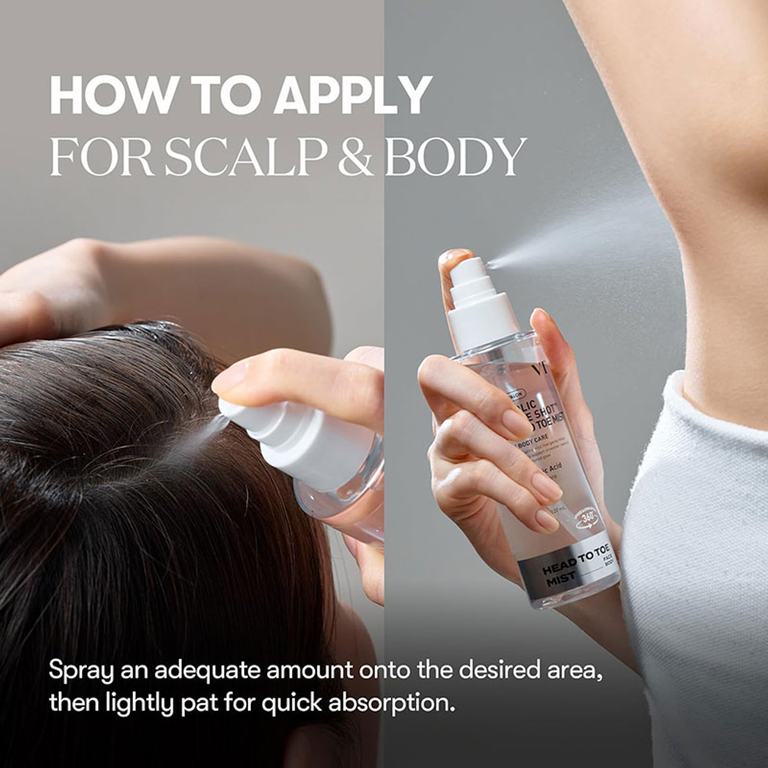 VT 7% Glycolic Acid Reedle Shot Head to Toe Mist how to use on scalp and body