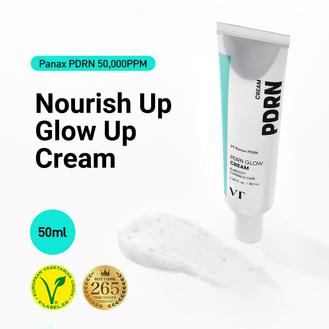 VT PDRN Glow Cream 50ml Panax PDRN 50,000PPM cream texture and vegetarian label