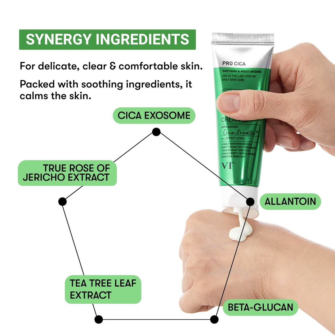 VT PRO CICA Reedle Shot Cream 50eL synergy ingredients: cica exosome, allantoin, beta-glucan, tea tree