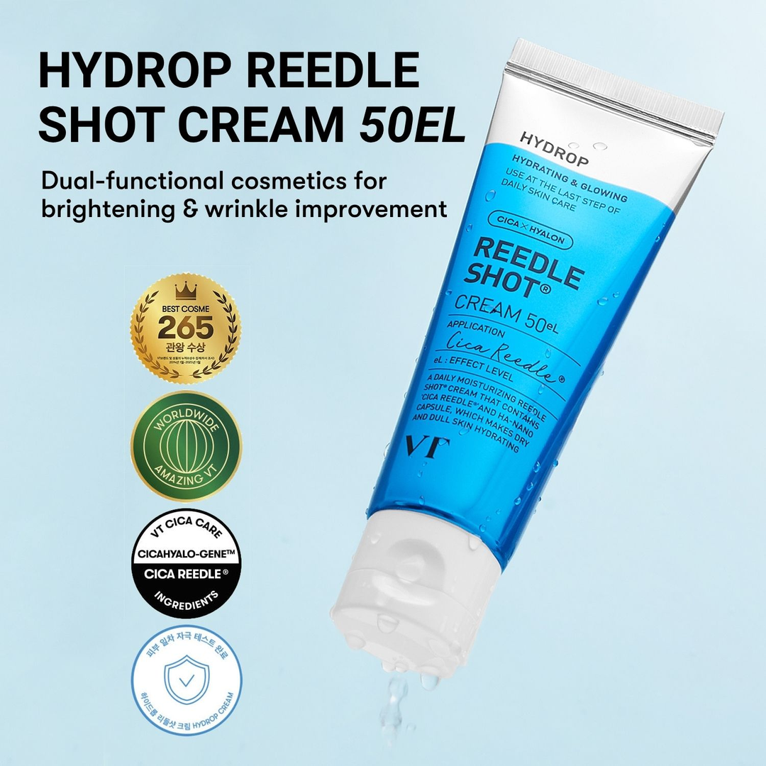 VT Hydrop Reedle Shot Cream 50eL front tube with Cica Reedle and brightening wrinkle care claim