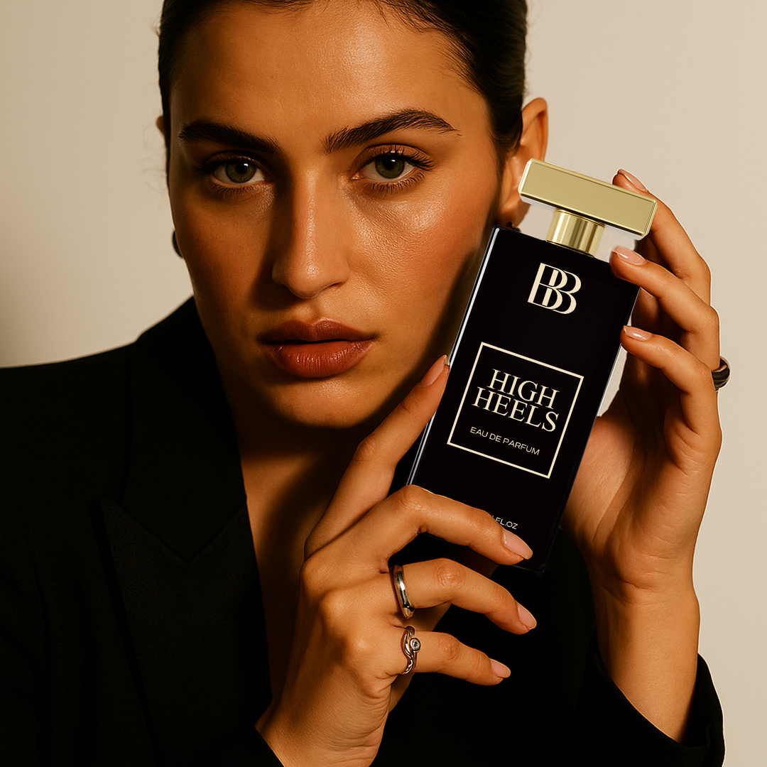 Bergamot Beaute High Heels Eau de Parfum 100ml bottle held by model