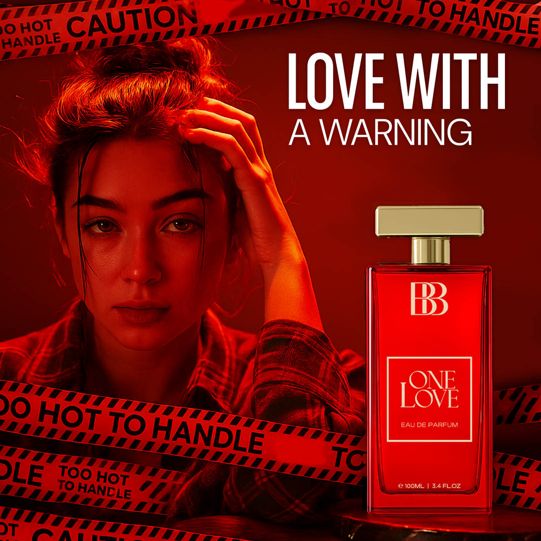 Bergamot Beaute One Love Eau de Parfum 100ml 3.4 fl oz red bottle campaign banner