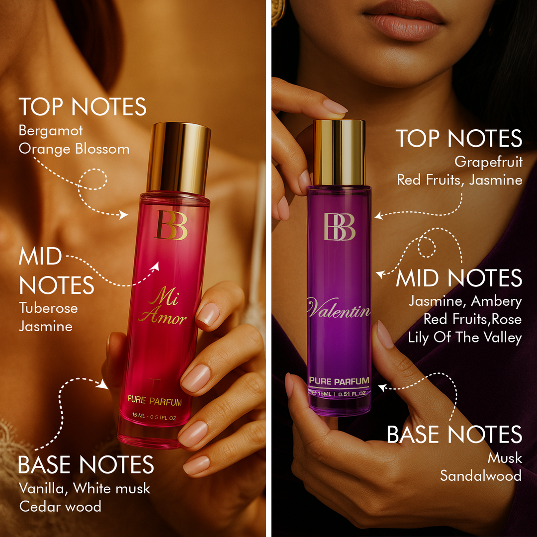 Bergamot Beaute Valentine and Mi Amor Pure Parfum 15ml fragrance notes top mid base