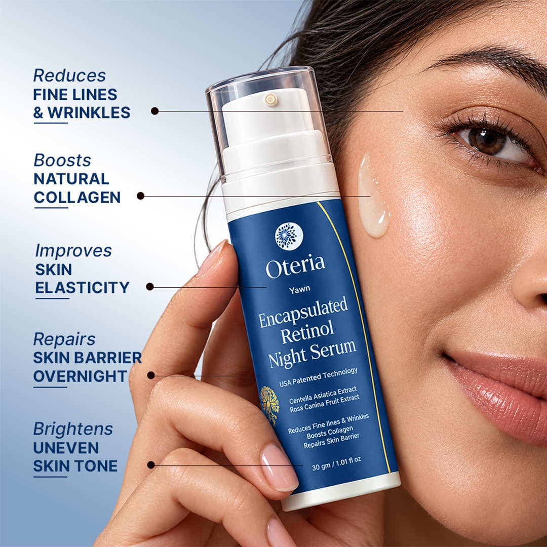 Oteria Encapsulated Retinol Night Serum 30g key benefits on model