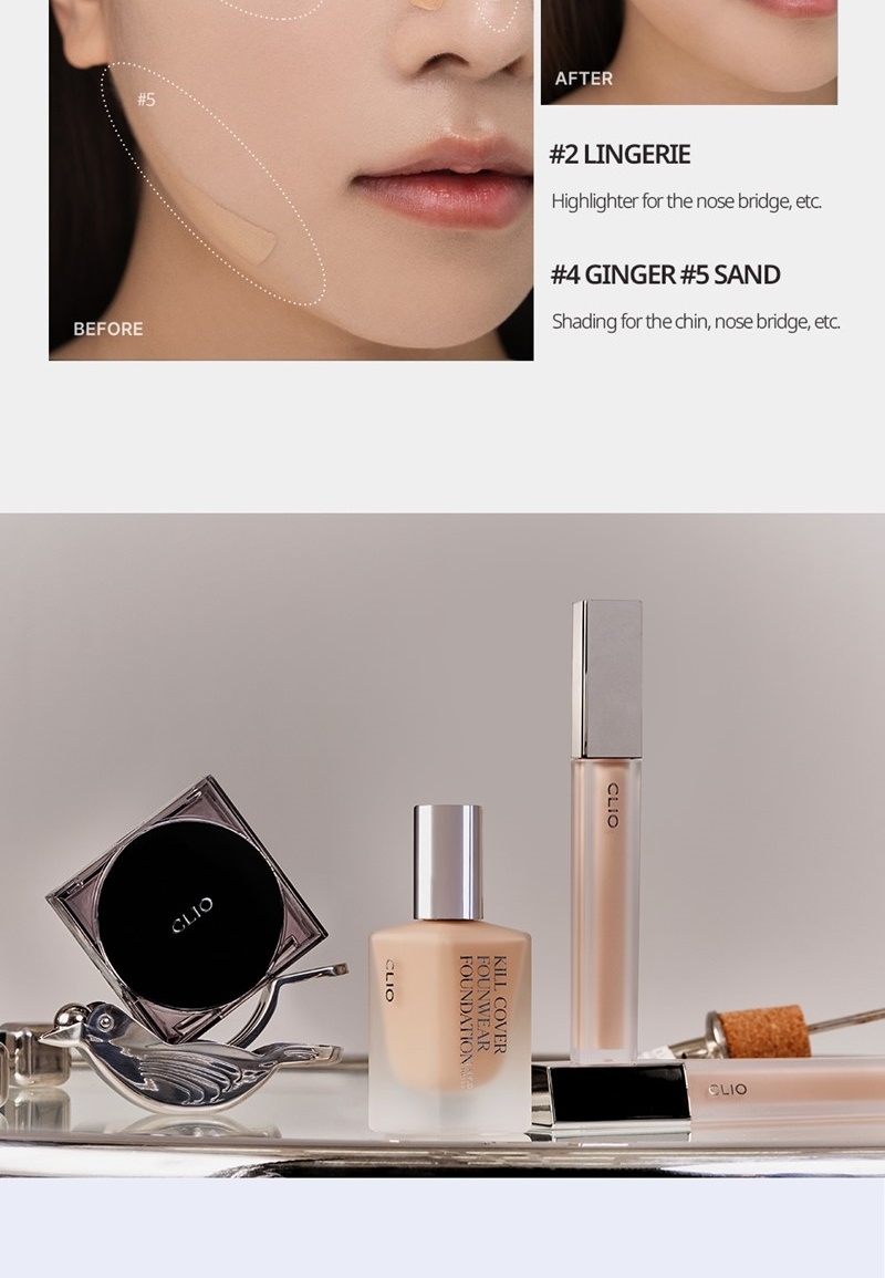 Clio Kill Cover Founwear Concealer contouring guide #2 Lingerie highlighter #4 Ginger #5 Sand shading