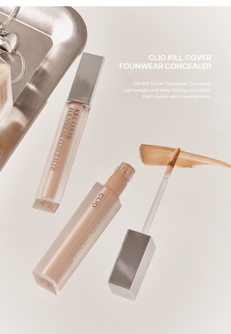 Clio Kill Cover Founwear Concealer 6g tube open applicator and swatch lightweight long-lasting