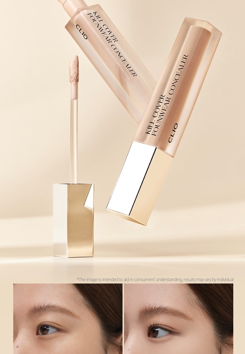 Clio Kill Cover Founwear Concealer 6g tube and applicator with before and after on eyebrow area