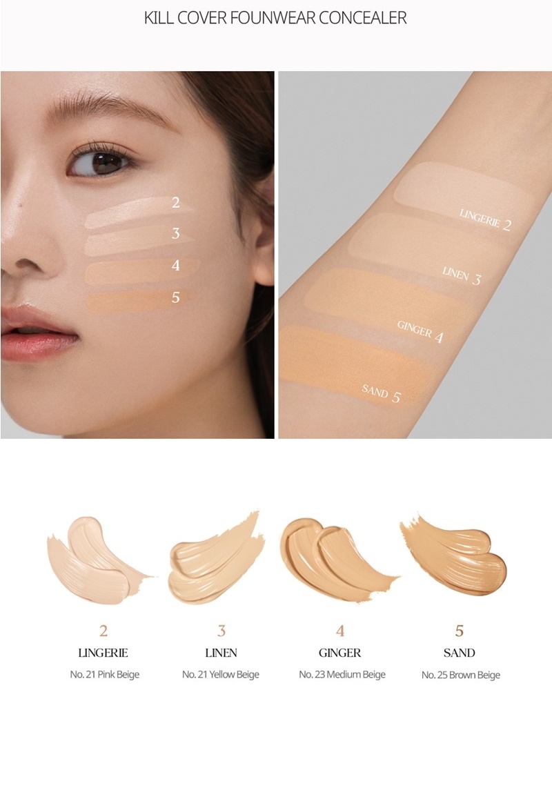 Clio Kill Cover Founwear Concealer color guide #2 Lingerie #3 Linen #4 Ginger #5 Sand shade chart