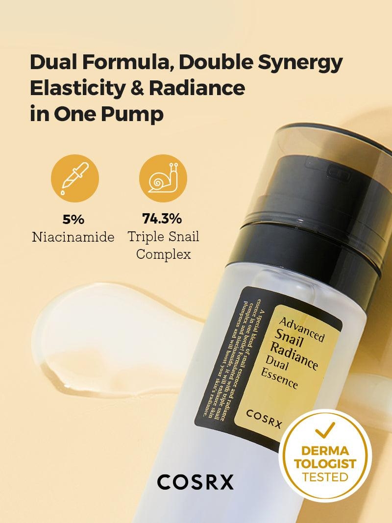 Cosrx Advanced Snail Radiance Dual Essence 5% niacinamide and 74.3% triple snail complex