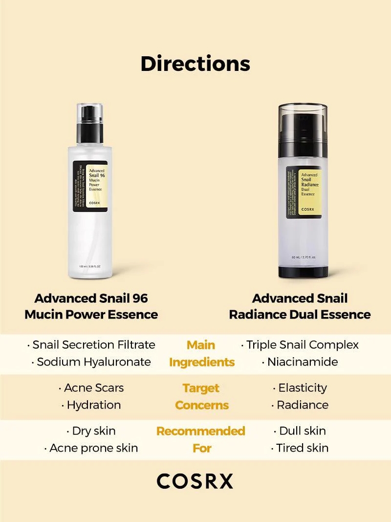Cosrx Advanced Snail Radiance Dual Essence vs Snail 96 Mucin Power Essence comparison