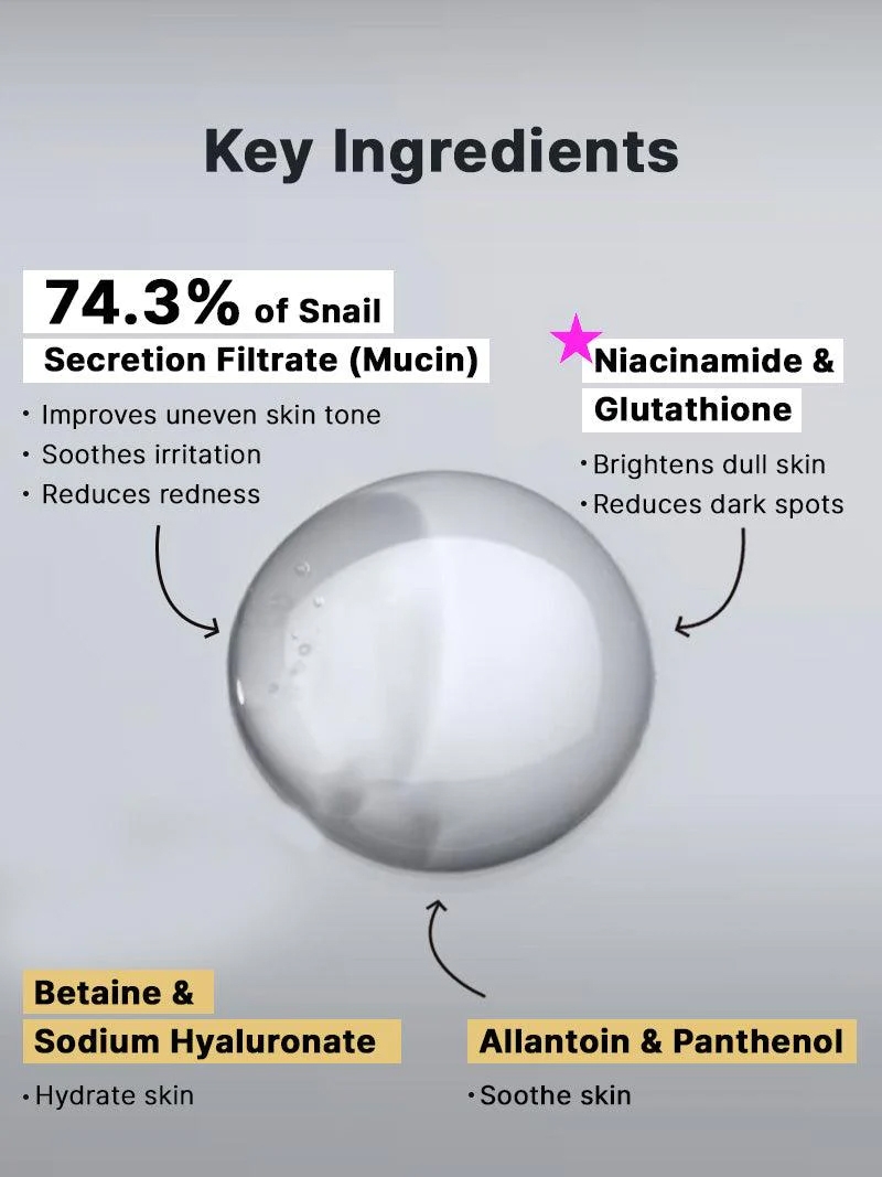 Cosrx Advanced Snail Radiance Dual Essence key ingredients snail mucin niacinamide glutathione