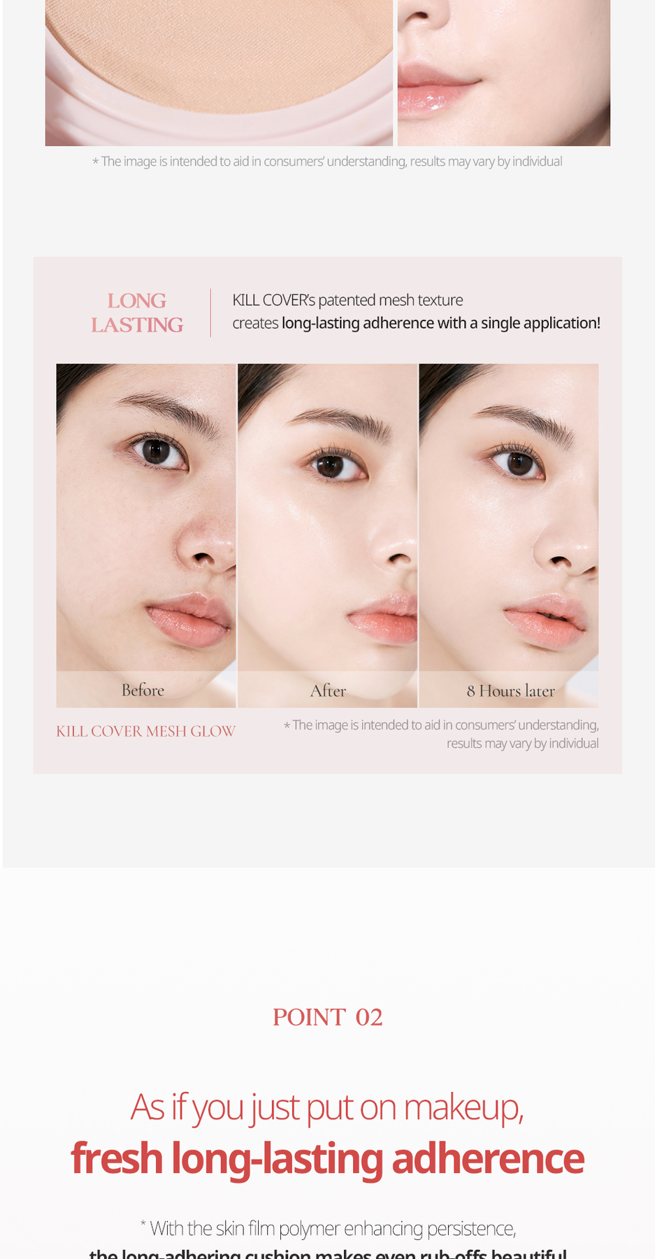 Clio Kill Cover Mesh Glow Cushion before and after and 8 hours later wear test