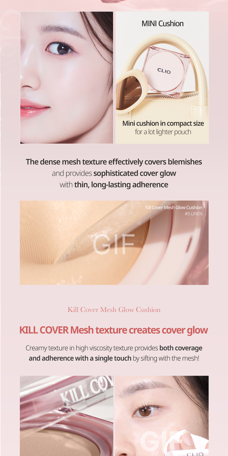 Clio Kill Cover Mesh Glow Cushion Mini dense mesh texture and mini pouch size