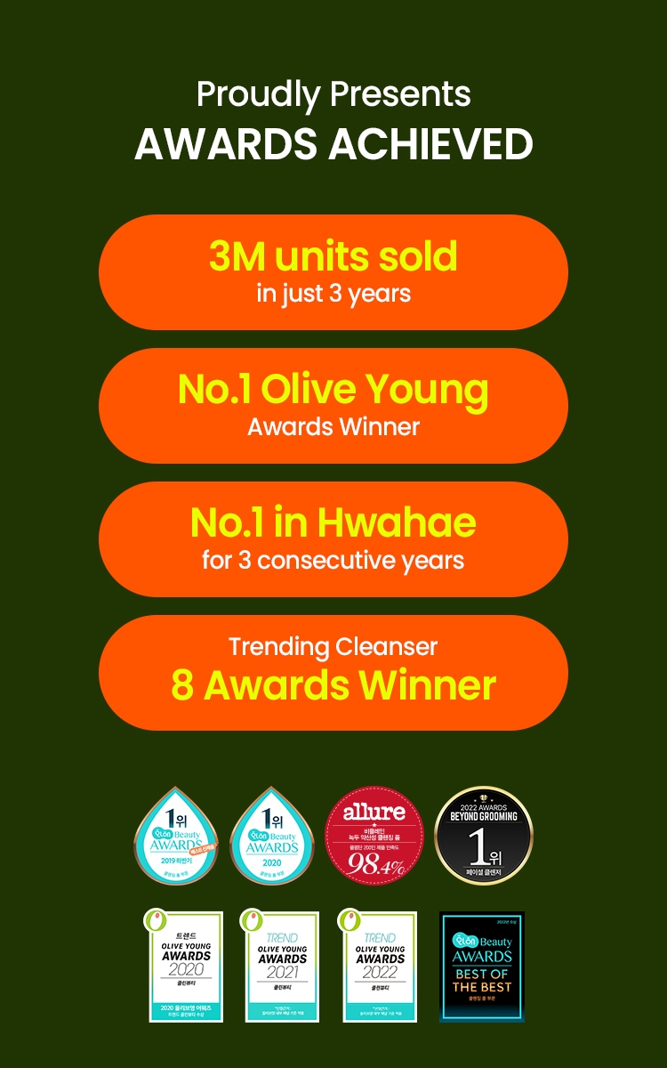 Beplain Mung Bean pH-Balanced Cleansing Foam awards achieved, Olive Young and Allure badges
