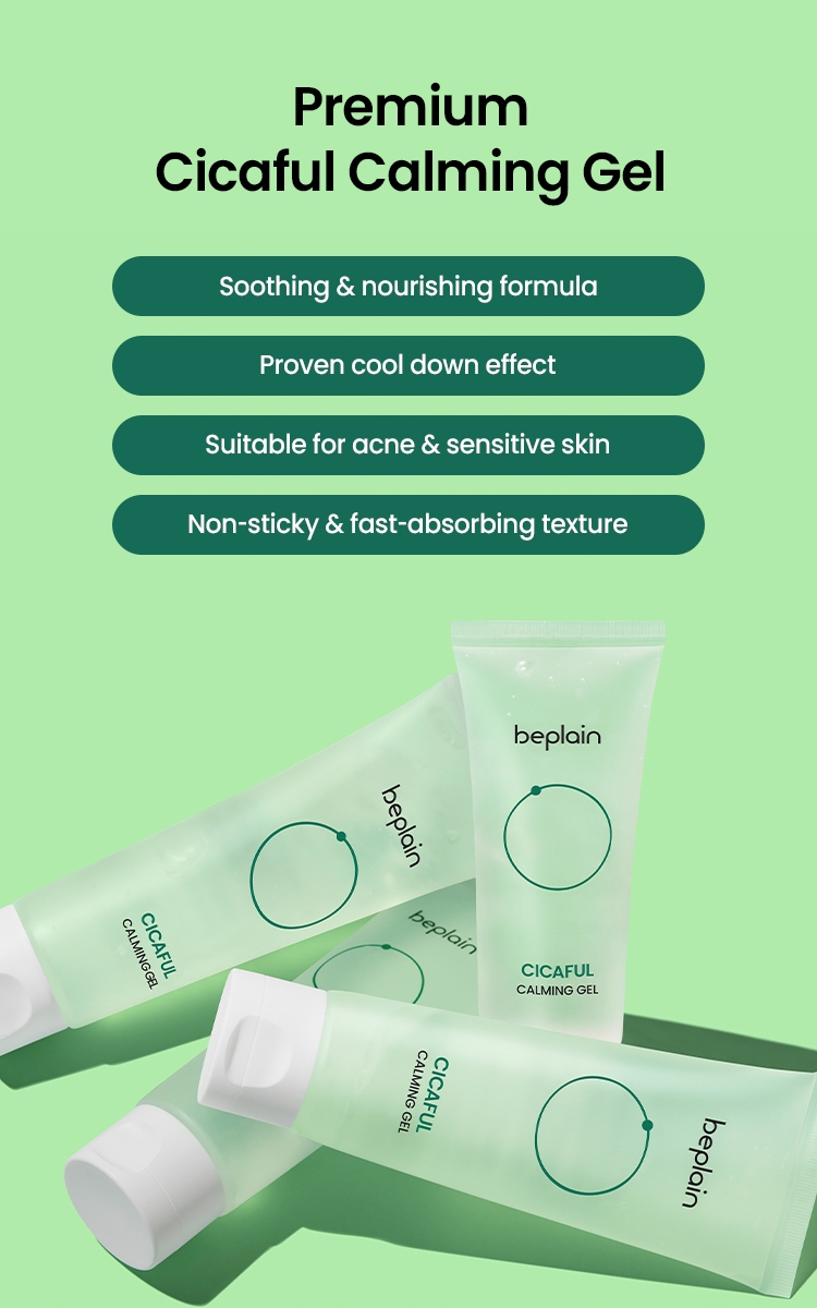 Beplain Cicaful Calming Gel key features: soothing, cool down, acne and sensitive skin, non-sticky