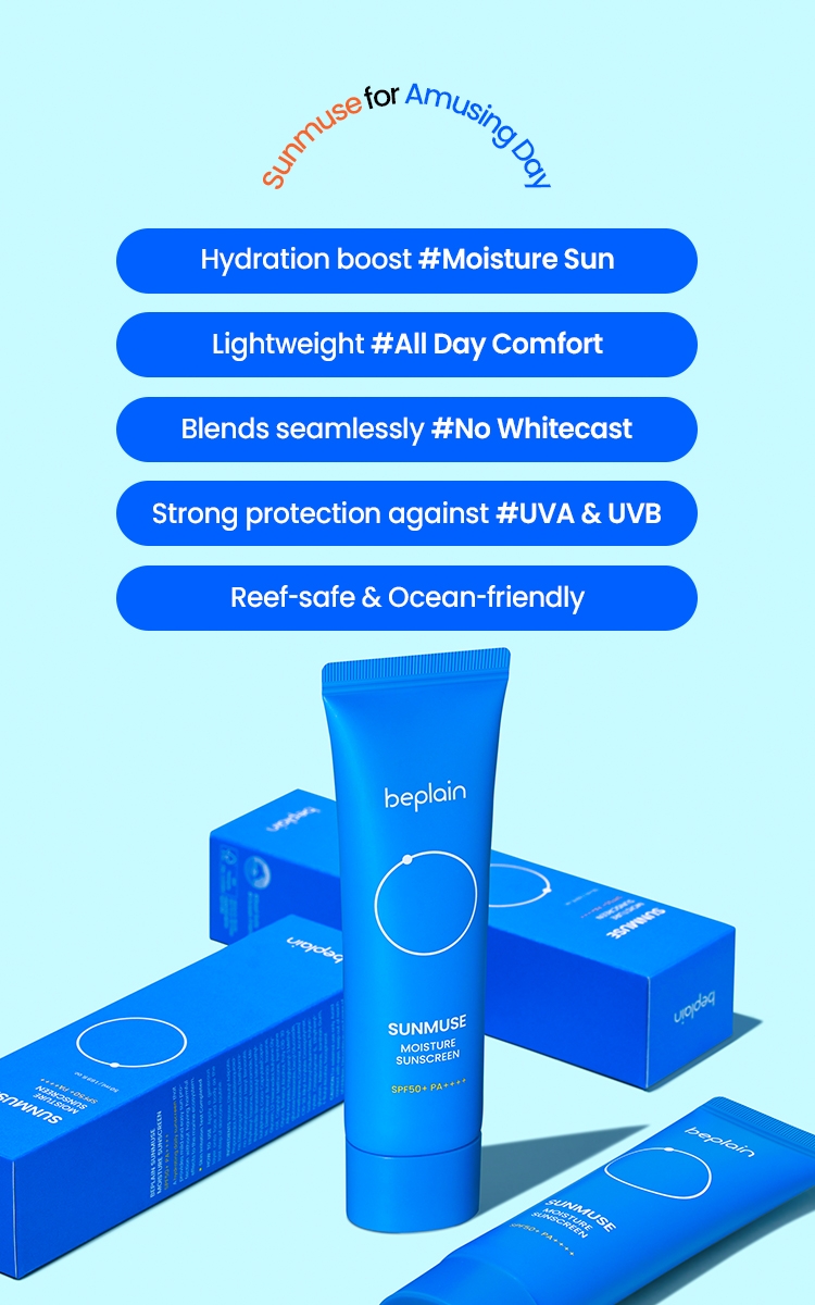 Beplain SUNMUSE Moisture Sunscreen key benefits, hydration, lightweight, no whitecast, UVA UVB protection