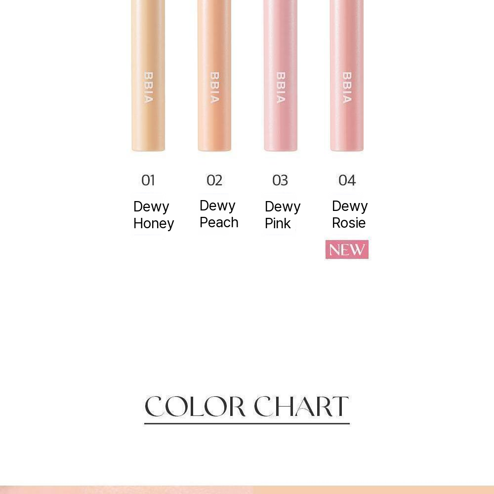 BBIA Last Glitter Highlighter shade chart, 01 Dewy Honey, 02 Dewy Peach, 03 Dewy Pink, 04 Dewy Rosie