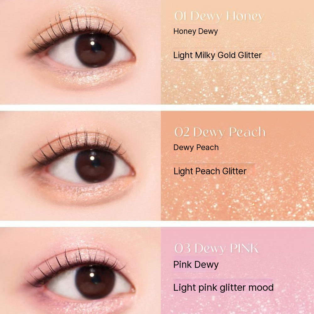BBIA Last Glitter Highlighter swatches 01 Dewy Honey, 02 Dewy Peach, 03 Dewy Pink on eyes
