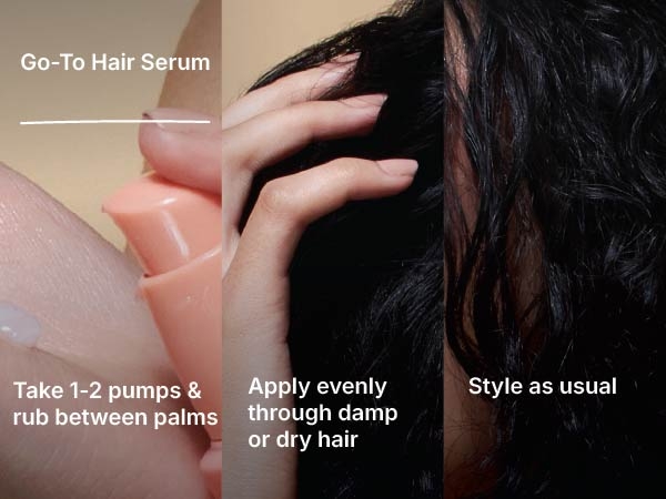Oteria Go-To Hair Serum how to use steps, 1-2 pumps on damp or dry hair