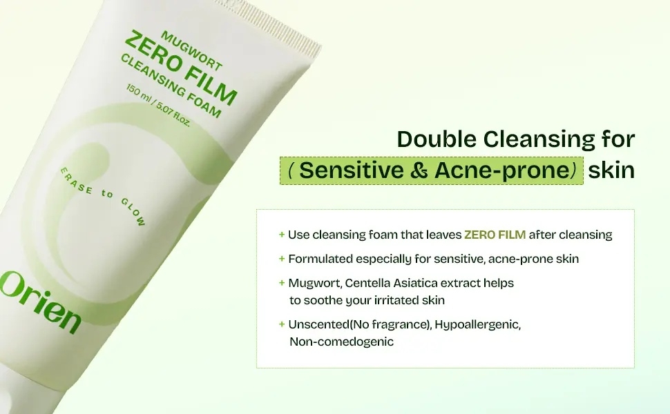 Orien Mugwort Zero Film Cleansing Foam for sensitive acne-prone skin, unscented hypoallergenic
