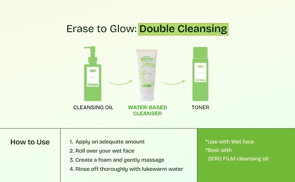 Orien Mugwort Zero Film Cleansing Foam how to use in double cleansing routine with cleansing oil and toner