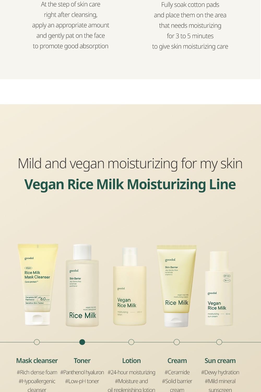 Goodal Vegan Rice Milk Moisturizing Line mask cleanser, toner, lotion, cream, sun cream
