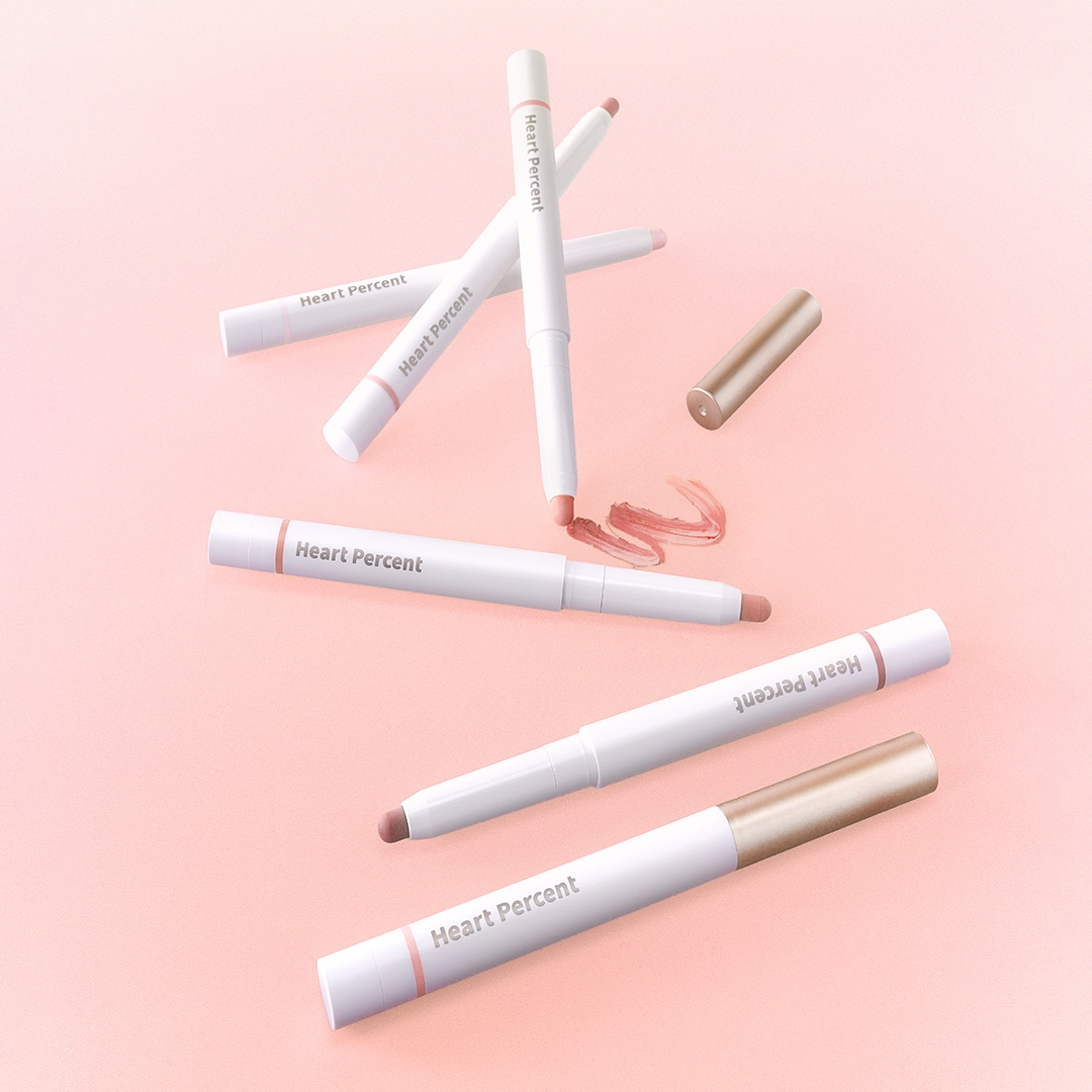 Heartpercent Dote on Mood Lip Pencil shade lineup with capped and open pencils and lip swatch