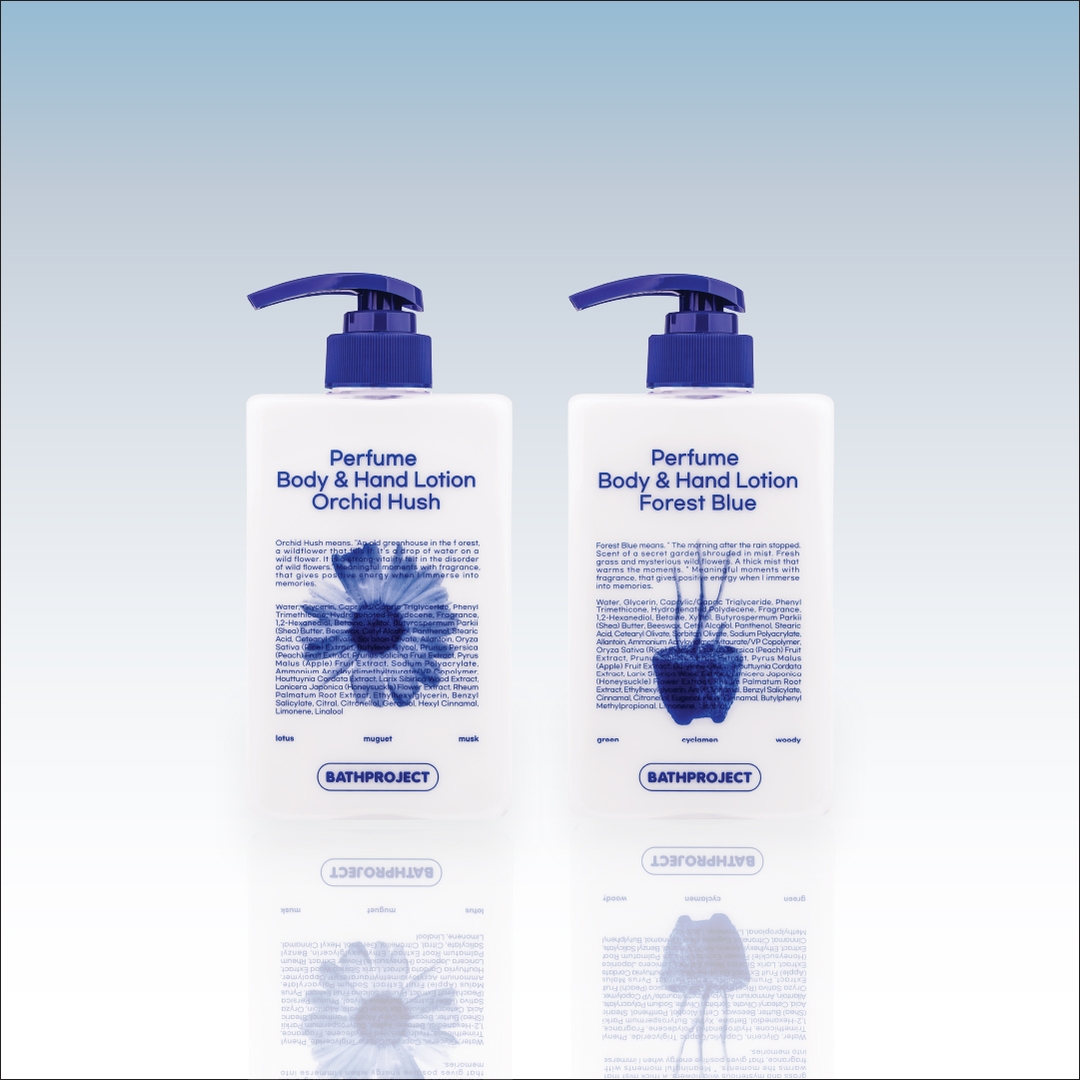 Bath Project Perfume Body & Hand Lotion 500ml Orchid Hush and Forest Blue scents side by side