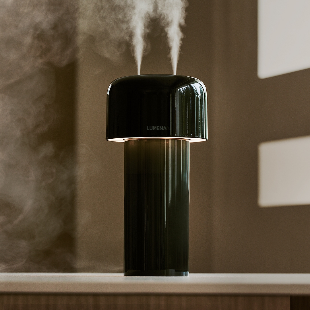 lumena MIST STAND dark green humidifier lamp with twin mist outlets and light