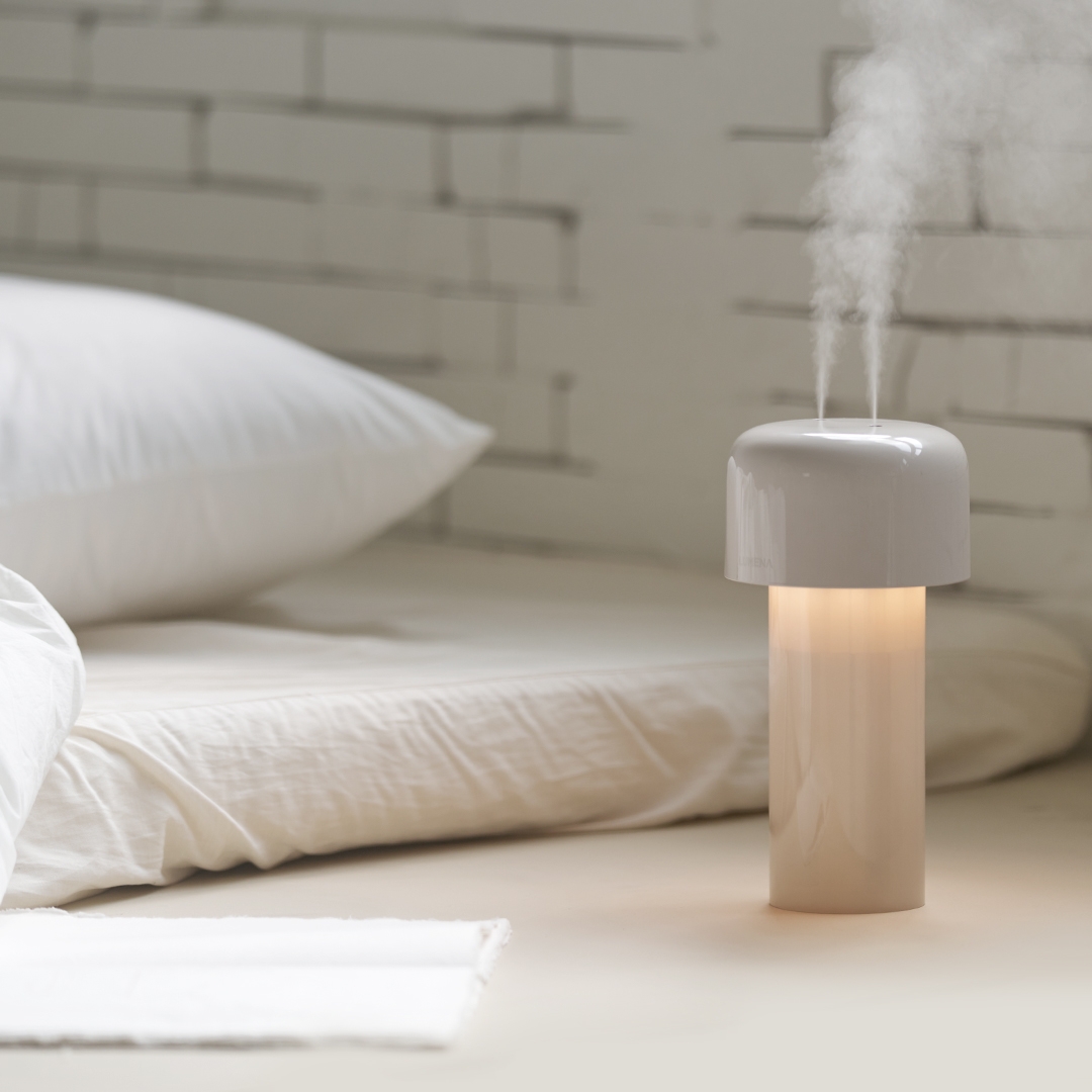 lumena MIST STAND white humidifier lamp with mist and soft light in bedroom