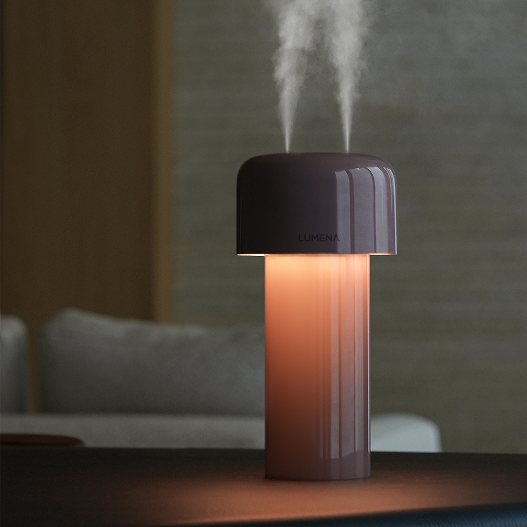 lumena MIST STAND dusty rose humidifier with twin mist streams and ambient light in living room