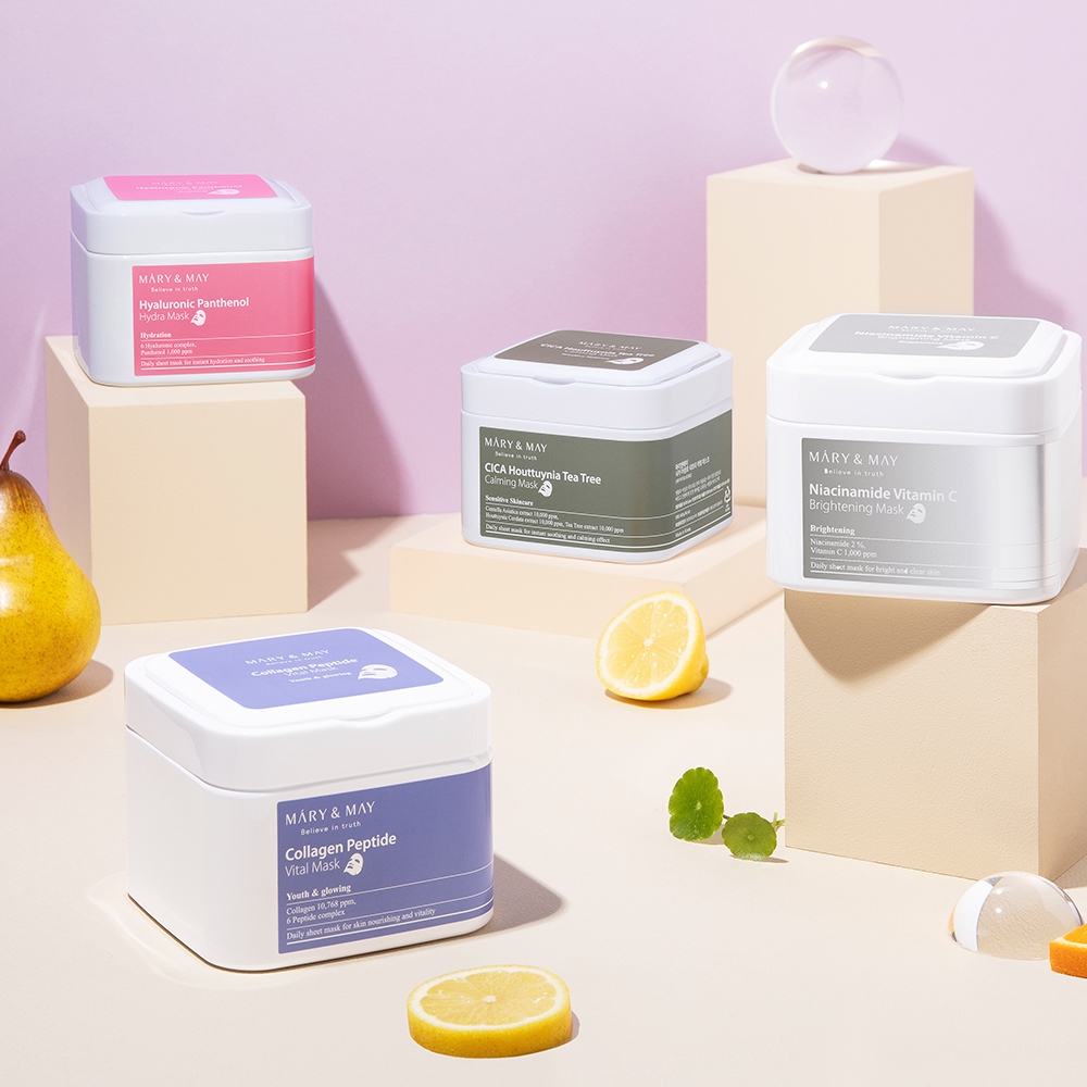 Mary&May Collagen Peptide Vital Mask 30-sheet tub with Hyaluronic, CICA and Niacinamide mask pack range
