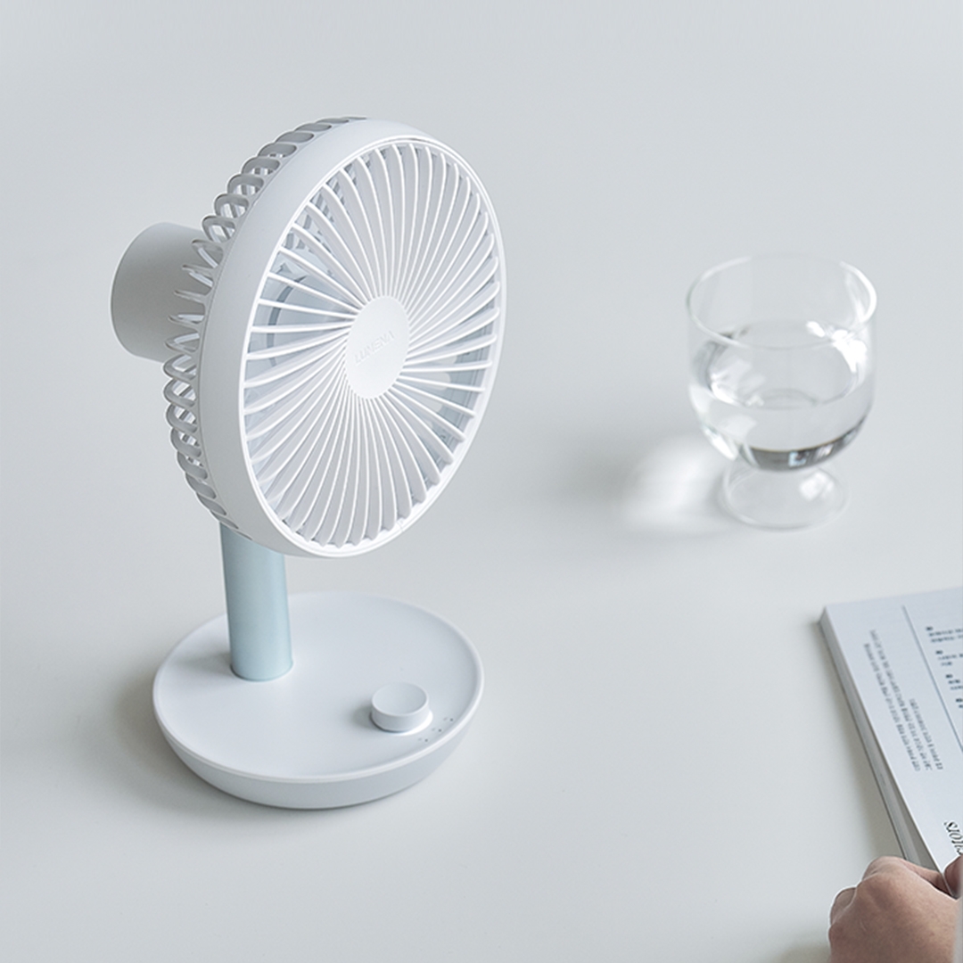 lumena FAN STAND 3Z Sky White wireless fan side view with tilting head