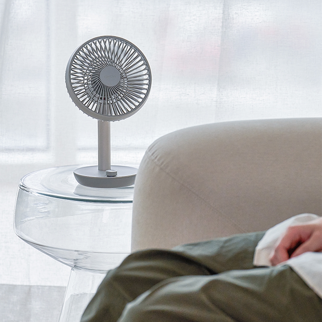lumena FAN STAND 3Z Pale Green wireless fan angled view with jog dial