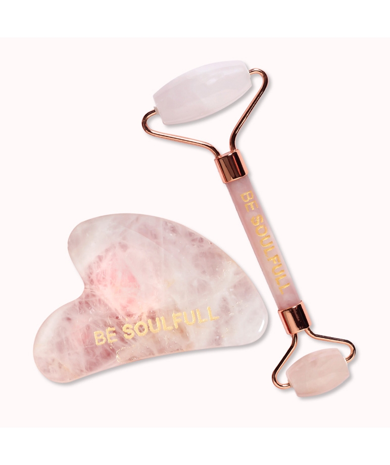 Be Soulfull Rose Quartz Face Sculpting Kit | Gua Sha & Face Roller | 2 face massaging tools- For both men & women