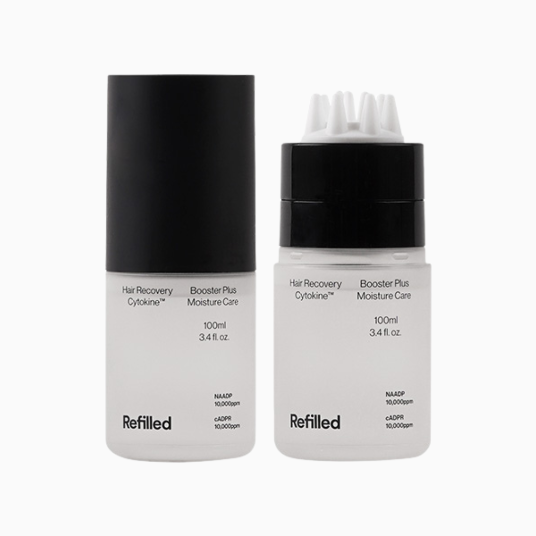 Refilled Cytokine Booster Pro hair serum 100ml label, front view with scalp applicator cap